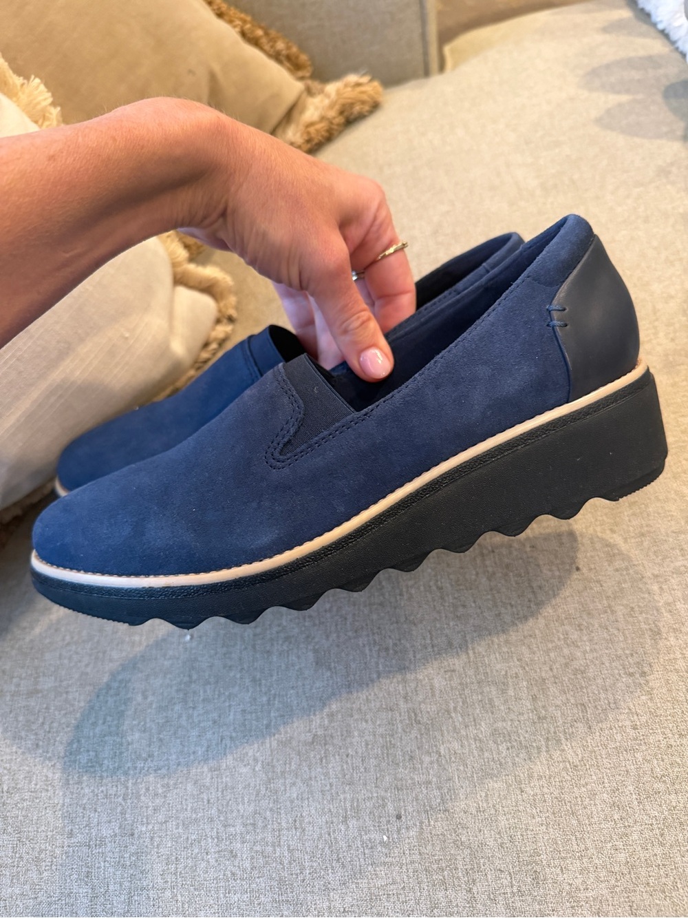 Clarks Navy Suede Platform Slip-On Mules